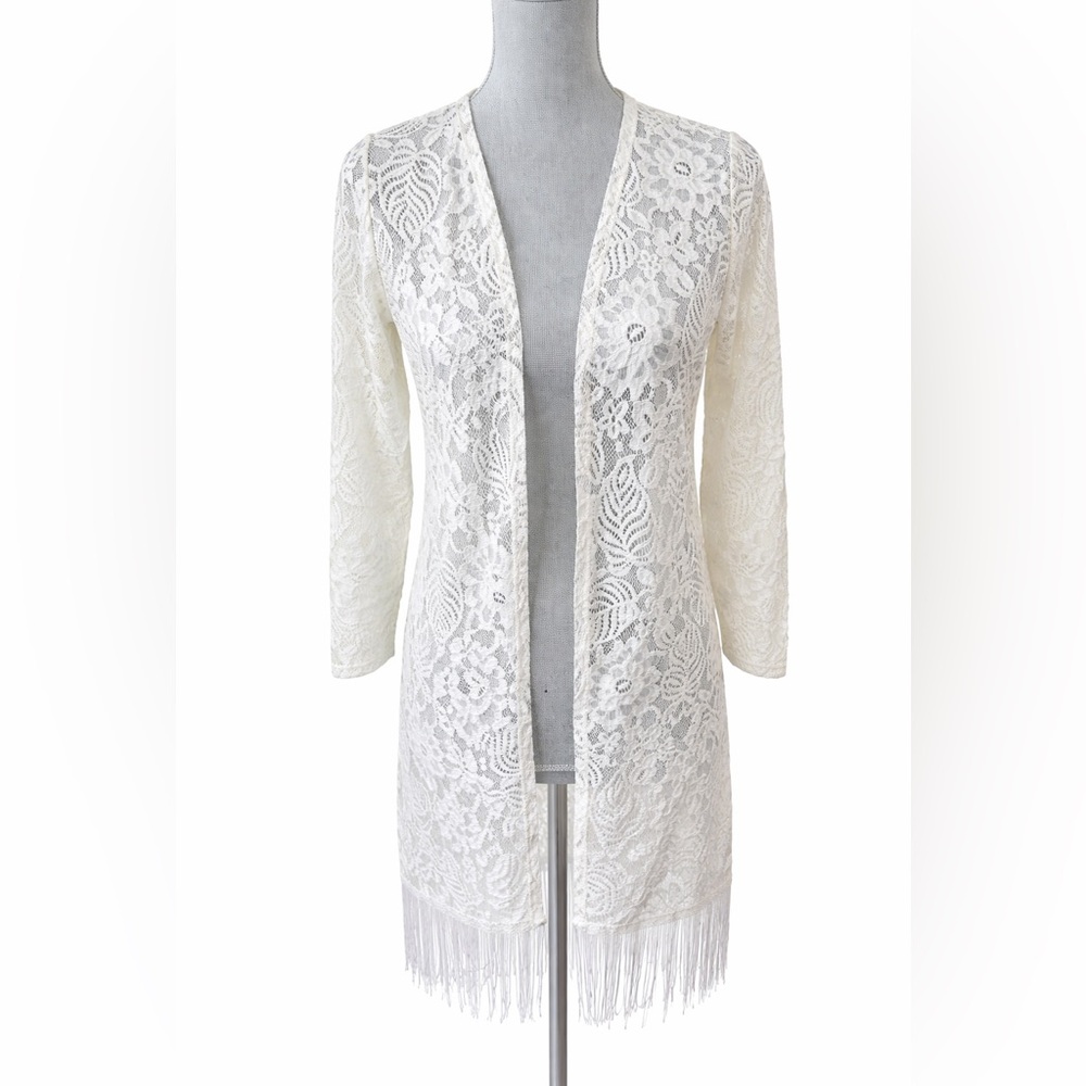 Questions White Floral Lace Fringe Duster Kimono Small Boho Bridal